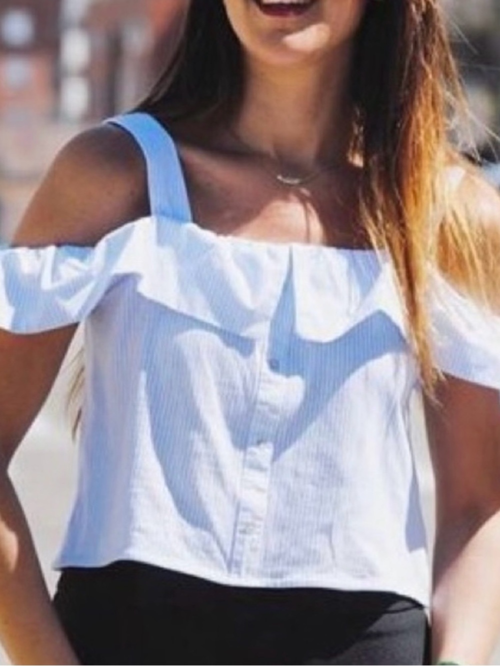 Zara Off-Shoulder Ruffle Top in Blue and White Size Small